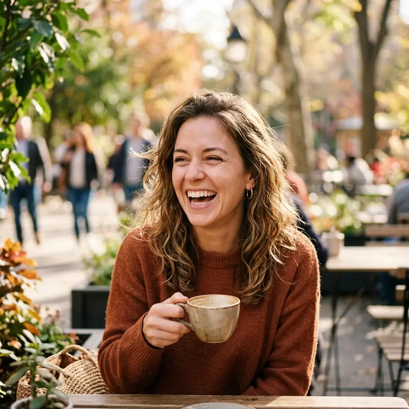 Candid life moment WhatsApp DP idea for girls — woman laughing outdoors