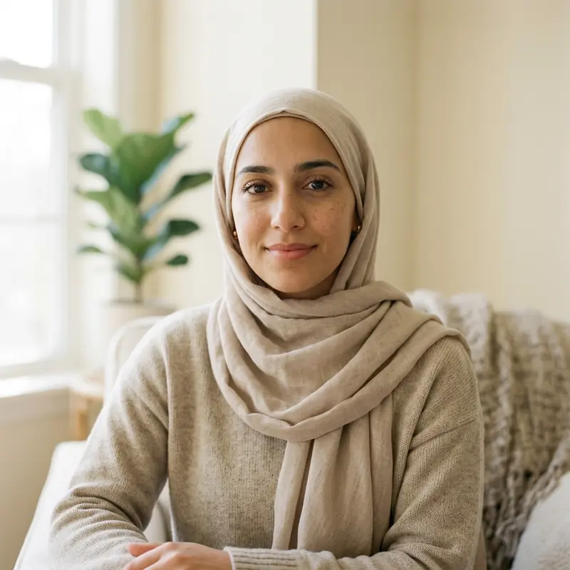 Modest hijab-friendly WhatsApp DP idea — soft portrait with neutral background