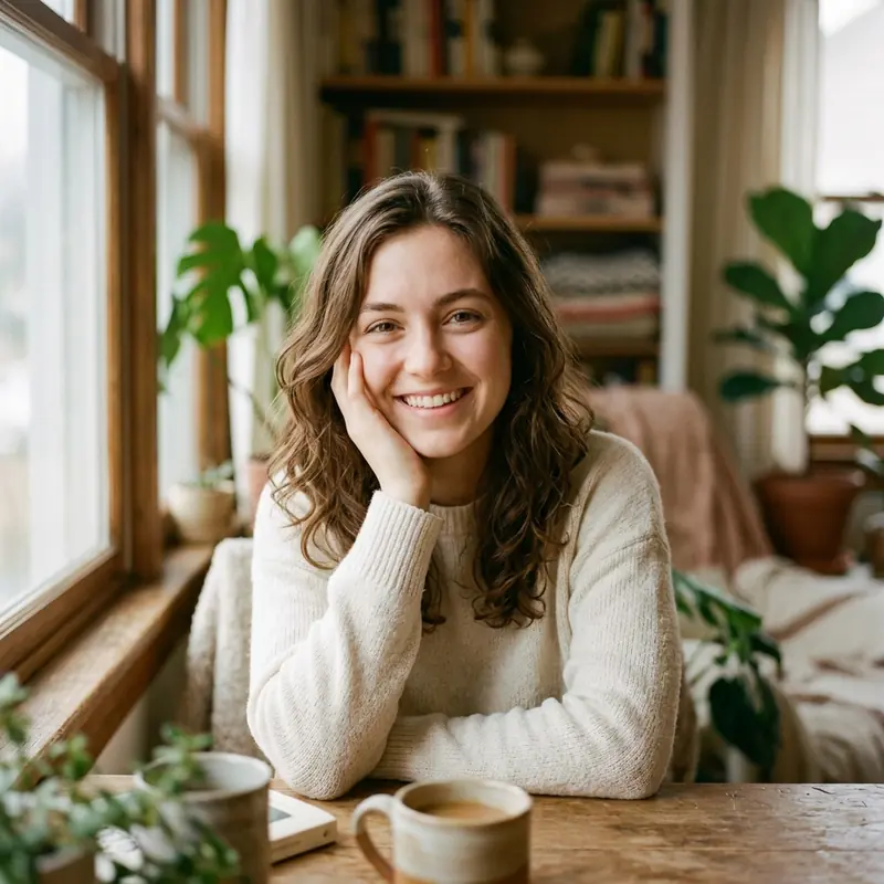 Soft and cute WhatsApp DP idea for girls — warm candid portrait with window light