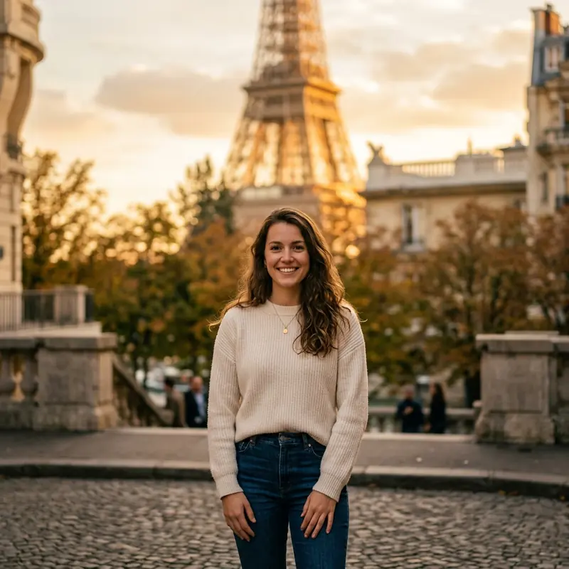 Travel WhatsApp DP idea — person in front of landmark at golden hour