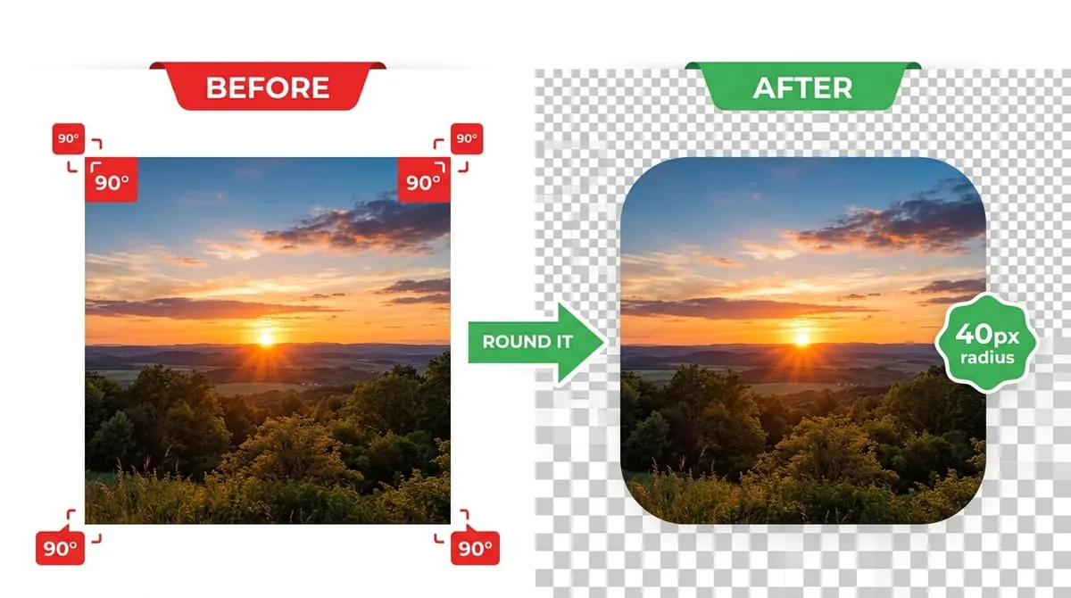 Round Image Cropper demo showing before and after rounded photo edges